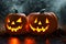 Pair Of Jack O Lantern Pumpkin Carvings For A Scary Creepy Ghastly Evil Halloween Season Background Generated Ai