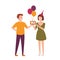 Pair of joyful friends celebrating birthday. Man giving festive gift and balloons to woman wearing cone hat. Flat