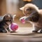 A pair of kittens playing with a toy mouse, batting it back and forth3