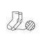 Pair of knitted socks with ball of thread. Linear icon of knitwork. Black simple illustration of handmade, knitting. Contour