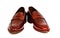 Pair of leather cherry calf penny loafer shoes together at angle