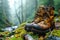A pair of leather hiking boots with water droplets, set upon an old log in a serene, misty forest environment