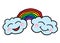 A pair of light blue cartoon illustration of clouds with happy faces and a rainbow