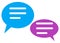 A pair of light blue turquoise and purple pink speech balloons with white miscellaneous text lines white backdrop