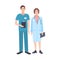 Pair of male and female doctors wearing scrubs and physician coat. Man and woman medical practitioners dressed in