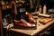 Pair of male leather shoes on table at workshop. Generative AI