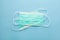 pair of medical surgical protective masks on pastel blue background