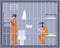 Pair of men in prison, jail or detention center room. Two prisoners or criminals shaving and reading book in cell. Male