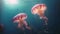 A pair of mesmerizing jellyfish gracefully gliding through the azure waters of the ocean, Two jellyfish swimming in the water, 3D