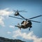 Pair of military helicopters perform thrilling maneuvers in azure skies