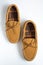 Pair of Moccasin Slippers Top View Staggered