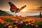 A pair of monarch butterflies delicately perched on a blooming flower