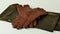 A pair of new brown leather gloves on a green and gold scarf, isolated on a light background. Graceful women's brown