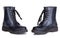 A pair of new shiny polished black leather dr. Marten boots shoes. Two isolated