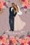 A pair of newlyweds and flowers. Cute vector cartoon illustration