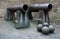 Pair of old cannons with stone balls, close-up