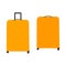 A pair of an orange suitcase with the handle drawn and clicked into place