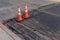 Pair of orange traffic cones and bright pink paint mark the edges of a milled asphalt road patch