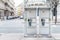 Pair of payphone booth in Vienna center street. Two modern public phones on european city street. copyspace