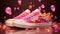 A pair of pink and orange sneakers with bubbles in the background. Generative AI image.