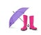 A pair of pink rain boots and a purple umbrella on a white background