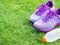 Pair of pink sport shoes and water bottle on green grass field.