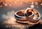 pair of platinum wedding rings. Glitter background, AI Generated