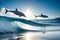 A pair of playful dolphins leaping out of the sparkling ocean waves under a clear, blue sky