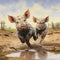 A pair of playful piglets frolicking in a muddy puddle, their joyful squeals echoing through the farm by AI generated