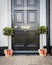 A Pair of Potted Holly Plants on a Doorway