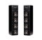 Pair of professional modern audio speakers in black wooden casing isolated on white background