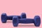 A pair of purple dumbbells on a pink background, cast a shadow, concept