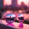 a pair of purple shades on the top of a wooden rail, reflecting a city