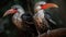 A pair of red-billed hornbills perched on a branch created with Generative AI