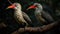 A pair of red-billed hornbills perched on a branch created with Generative AI