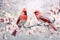 Pair of red birds Northern Cardinals in spring nature. Pastel color style in pink tones - Generative AI