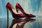 Pair of red expensive designer high-heels shoes. Generative AI