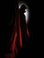 A pair of red eyes peering out from a dark cloak the silhouette of a figure looming in the shadows.. AI generation