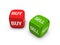 Pair of red and green dice with buy, sell sign