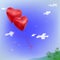 A pair of red heart-shaped balloons are tied with strings and fly across the sky over the receding land and sea.