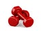 A pair of red light weight dumbbells on white background