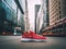 A pair of red sneakers on a city street. Generative AI image.