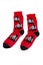 Pair of red socks with monkeys