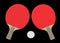 A pair of red table tennis paddles rackets with a white ping pong ball