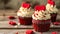 A pair of red velvet cupcakes topped with heart-shaped frosting