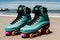 A pair of roller skates abandoned on a beach boardwalk