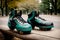 A pair of roller skates discarded on a park bench