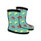 Pair of rubber boot in umbrellas and raindrops pattern on blue background