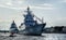 Pair of Russian Warships moored in The River Neva in St Petersburg, Russia