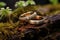 a pair of rustic wedding bands on a stump with mushrooms growing